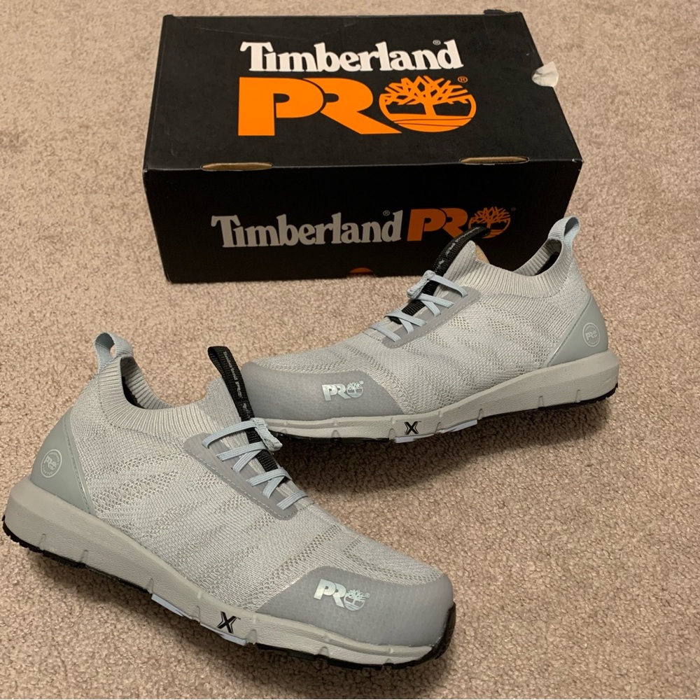 Timberland Pro Radius Knit Slip-On Grey/Blue Composite Safety Toe Shoe Women 9.5